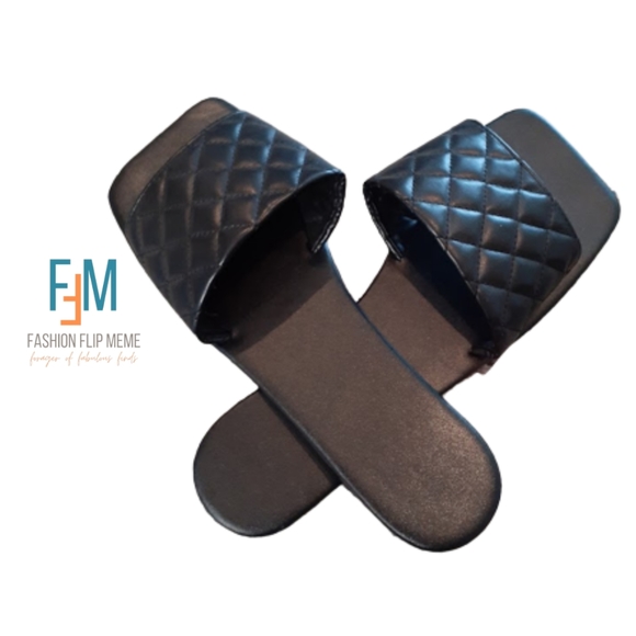 Quilted Leather Square Toe Flats Slip-On Slides Sandals - Picture 6 of 9